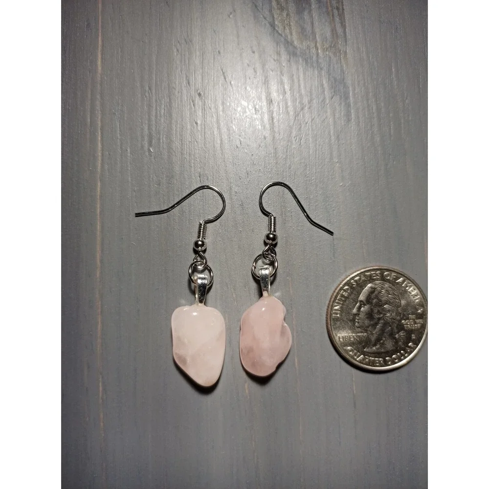 Rose Quartz Tumbled Stone Drop Earrings Pink Crystal Nickel Free Handcrafted - Picture 2 of 5